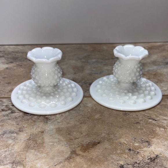 Set of 2 Vintage Fenton Hobnail Milk Glass Candlesticks Pair Candle Holders 3”T - Picture 6 of 8